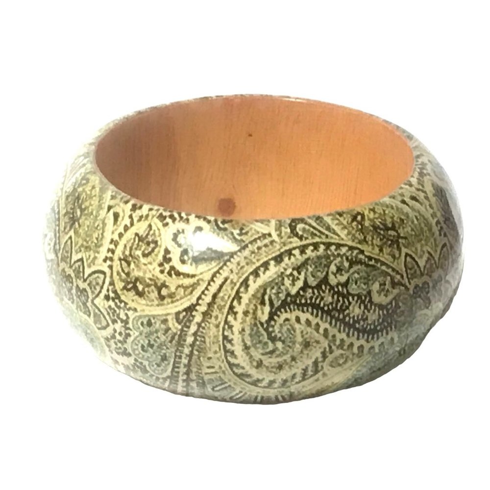 Huge Chunky Domed Paisley Wood and Lucite Bangle Bracelet in Khaki Green - Picture 3 of 5